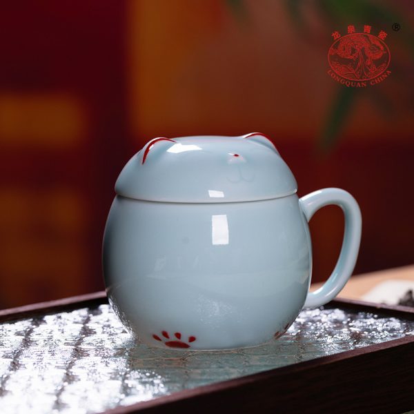 龙泉青瓷马克杯创意陶瓷杯子加盖高颜值招财猫喝水咖啡办公女茶杯