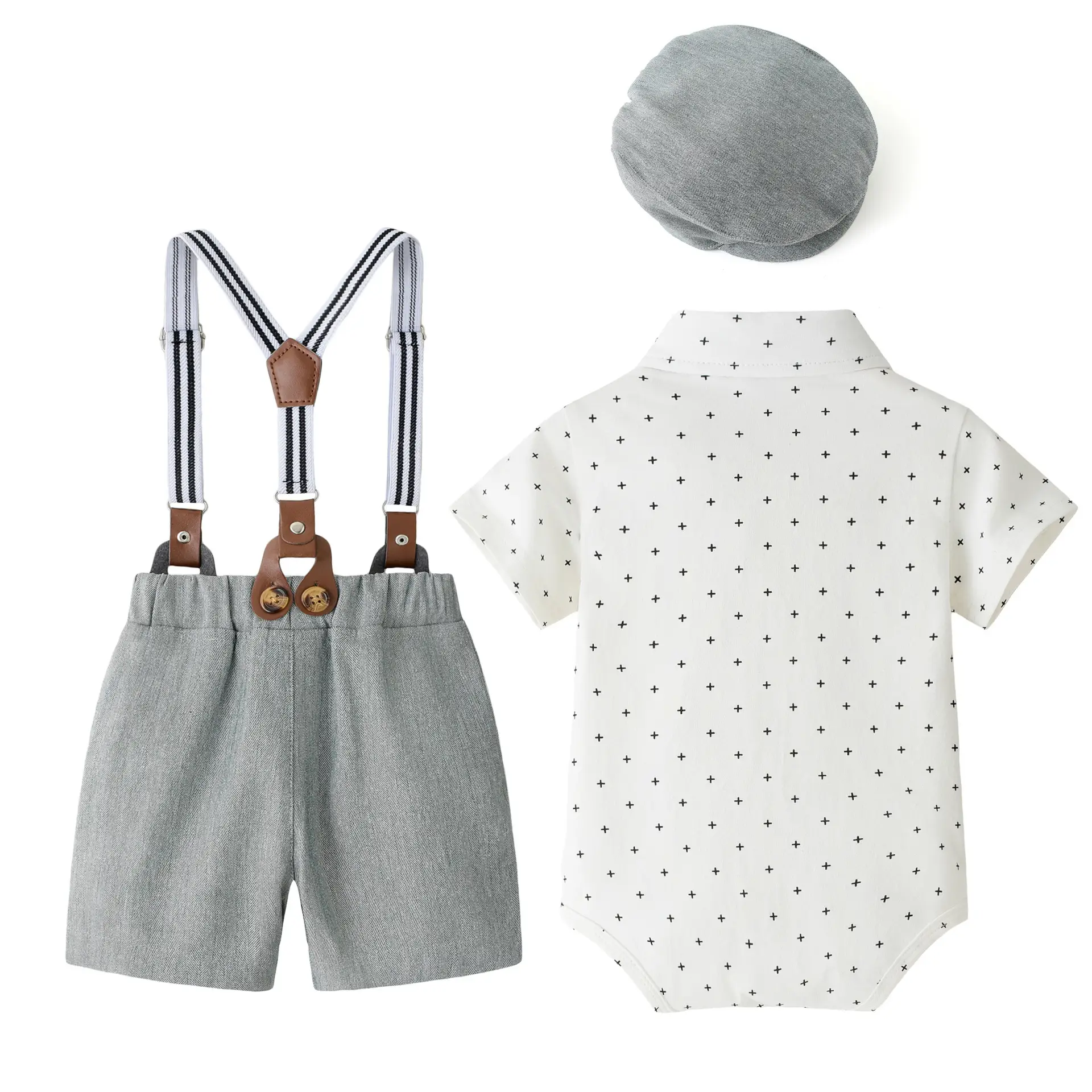 婴儿绅士礼服装哈衣夏季男童生日宴会背带裤套装小童带帽周岁爬服