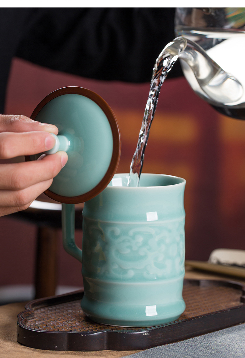 龙泉青瓷 泡茶杯子喝水大容量马克杯 陶瓷带盖办公杯茶叶罐礼盒装