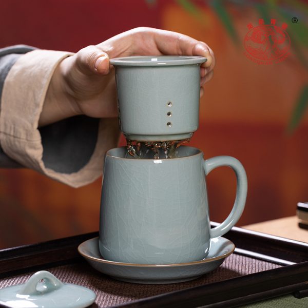 龙泉青瓷茶杯带过滤内胆办公杯家用杯碟组合大容量喝茶杯子泡茶杯