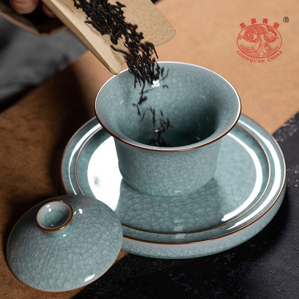 龙泉青瓷 三才盖碗大号冰裂手抓茶碗 陶瓷功夫茶具手工高档敬茶碗