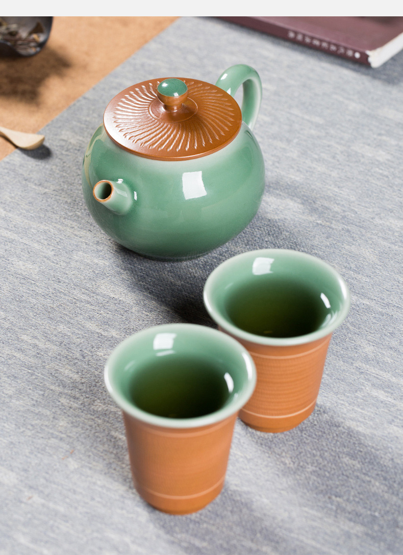 龙泉青瓷 跳刀一壶两杯功夫茶具套装 便携高档泡茶壶主人杯礼盒装