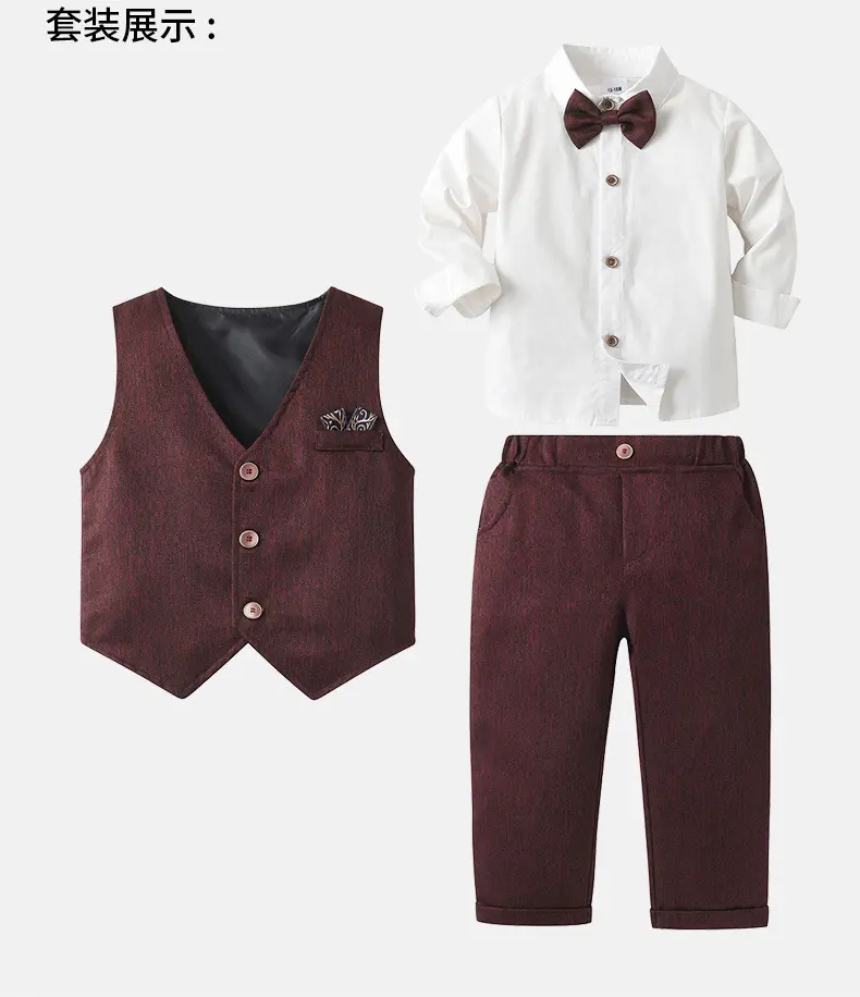 跨境新款男童绅士礼服套装欧美男宝宝长袖衬衫马甲裤子儿童多件套