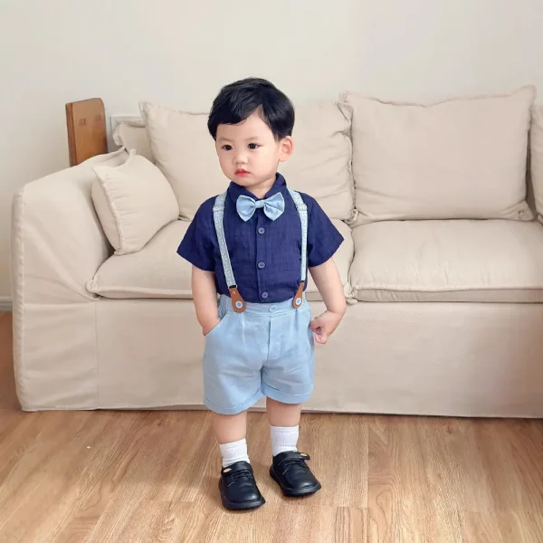 欧美绅士夏款儿童套装宝宝正装polo衬衫背带短裤宴会礼服男童夏装