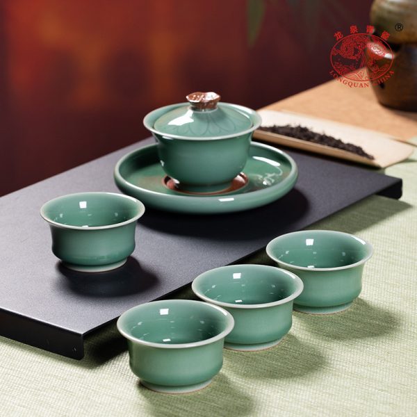 龙泉青瓷三才盖碗家用茶具套装敬泡茶碗陶瓷高档手工盖碗茶礼盒装