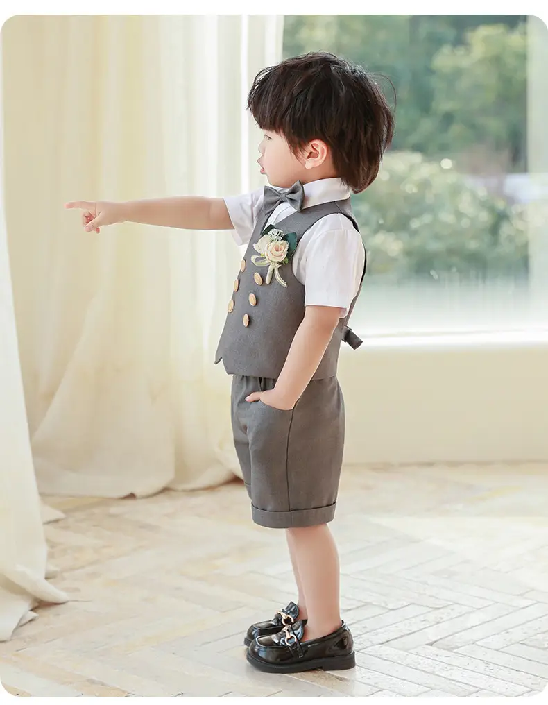 男童西装马甲短袖套装夏季英伦风表演演出服宝宝生日周岁礼服花童