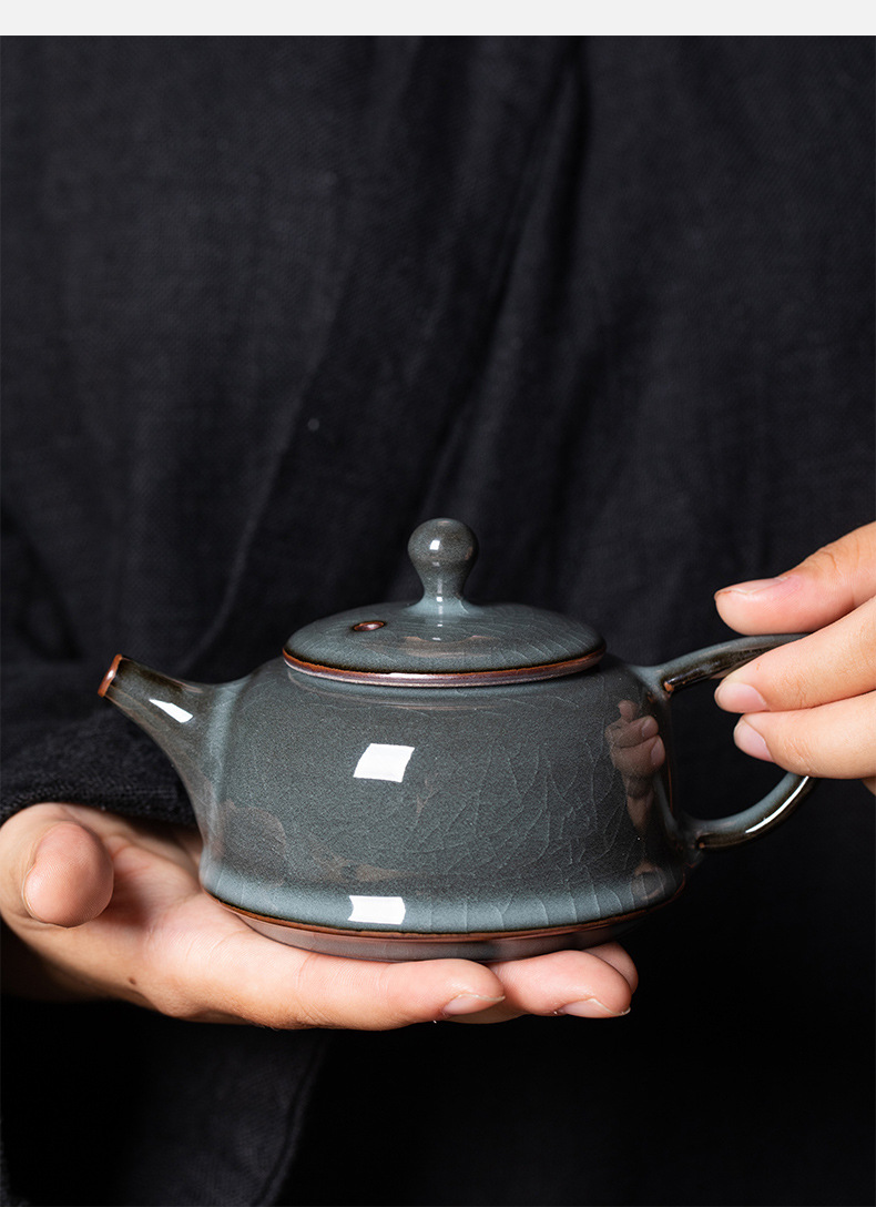 龙泉青瓷 手工茶壶单壶哥窑冰裂铁胎功夫茶具 陶瓷家用高档泡茶壶