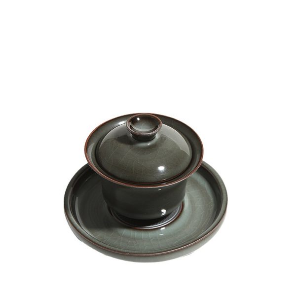 龙泉青瓷 哥窑手工铁胎盖碗 一壶四杯茶具套装商务礼品批发雕刻