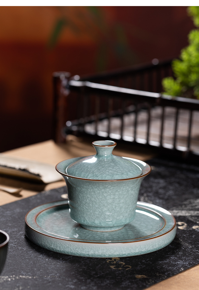 龙泉青瓷 三才盖碗大号冰裂手抓茶碗 陶瓷功夫茶具手工高档敬茶碗