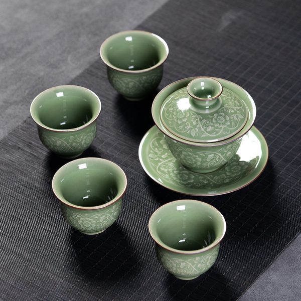 龙泉青瓷高端盖碗一壶四杯茶具 简约创意陶瓷功夫茶具商务礼盒装