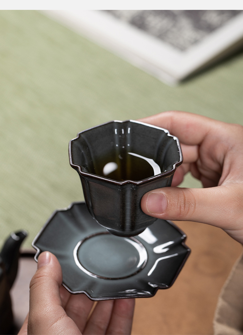 龙泉青瓷 哥窑铁胎手工主人杯单杯 陶瓷高档品茗杯功夫茶杯杯托碟