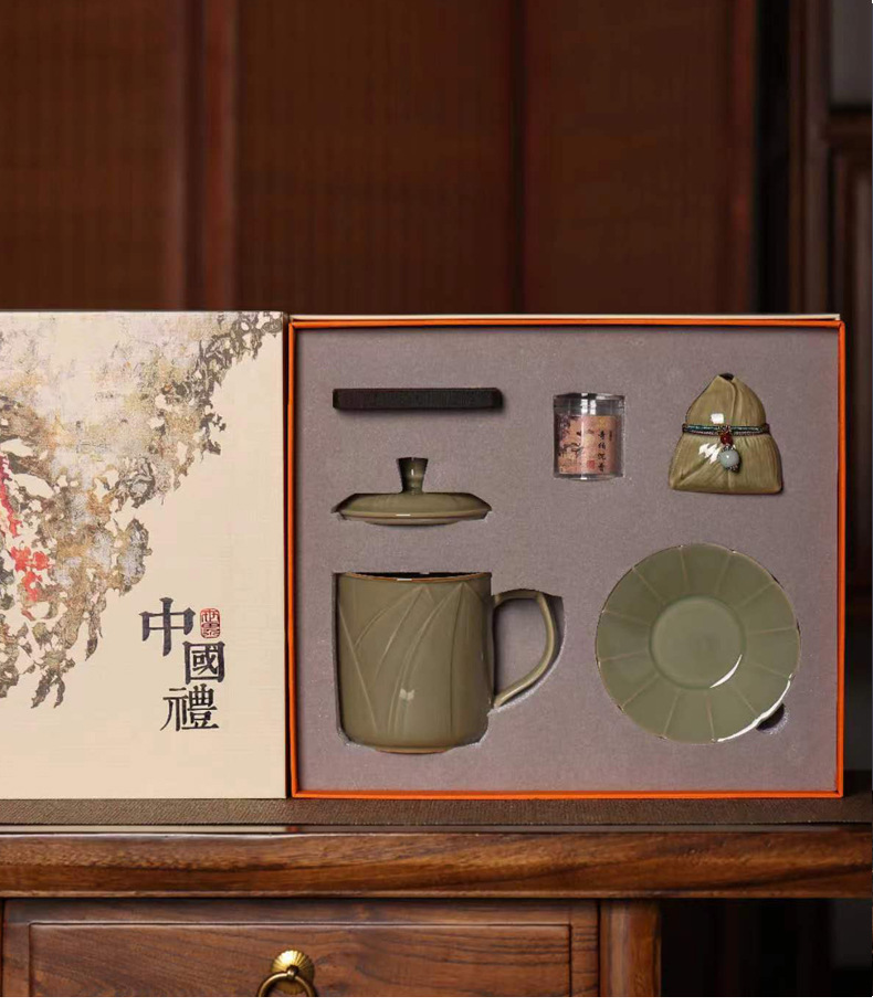 龙泉青瓷办公马克水杯带盖家用果盘香薰套装陶瓷喝茶杯端午节送礼