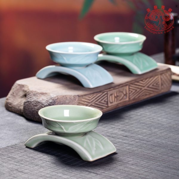 厂家直销 龙泉青瓷功夫茶具配件 陶瓷竹韵茶托茶漏茶叶过滤器批发
