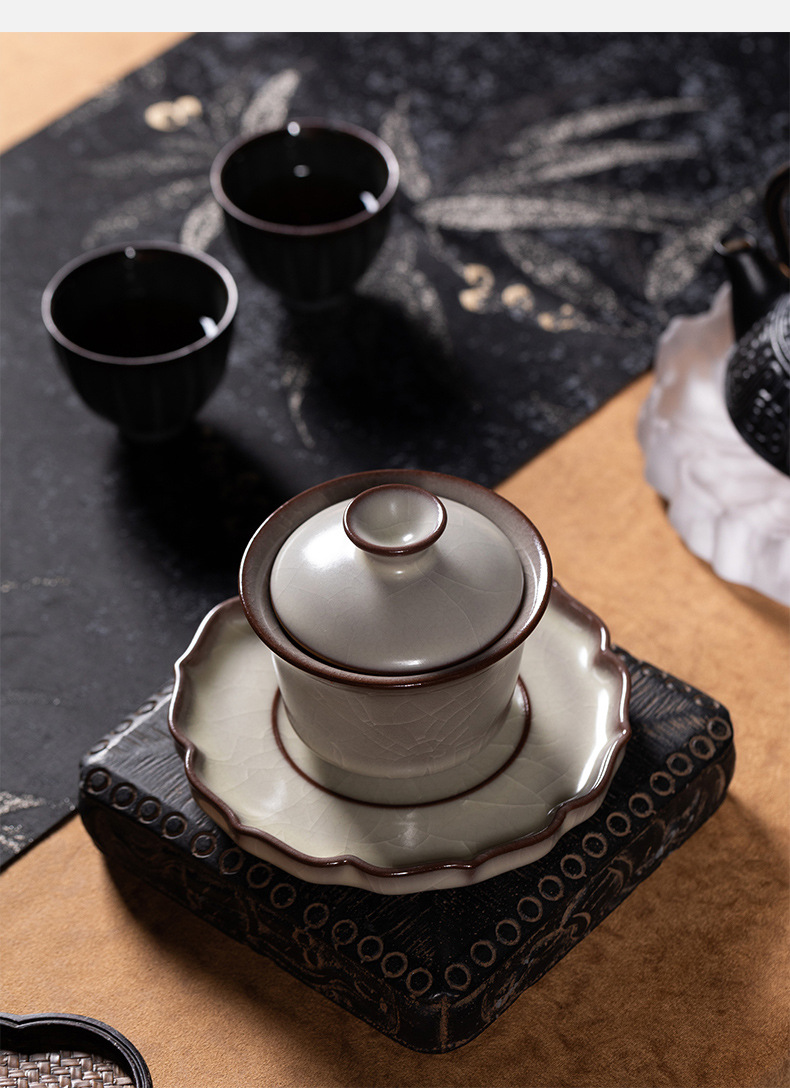 龙泉青瓷 三才盖碗功夫茶具敬茶泡茶碗 陶瓷家用哥窑冰裂大号盖碗