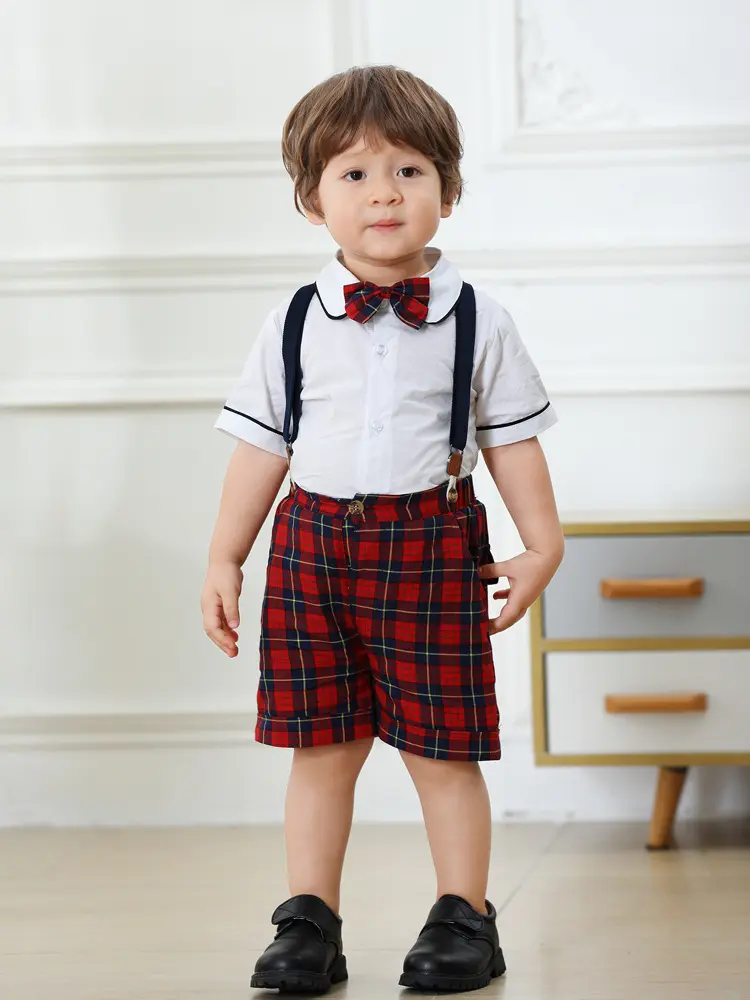 加工定制跨境男女童时尚绅士礼服夏新款短袖短裤儿童表演服兄妹装