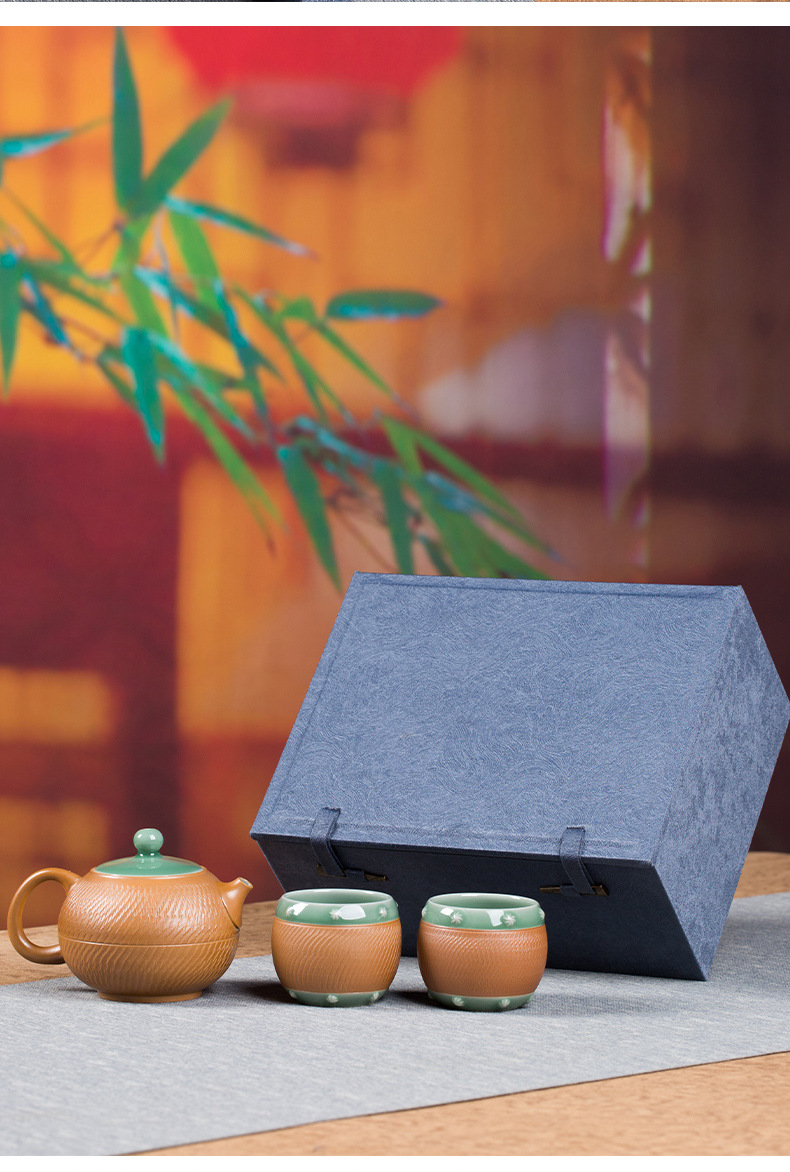 龙泉青瓷 创意跳刀茶具套装便捷家用一壶两杯 陶瓷功夫泡茶西施壶