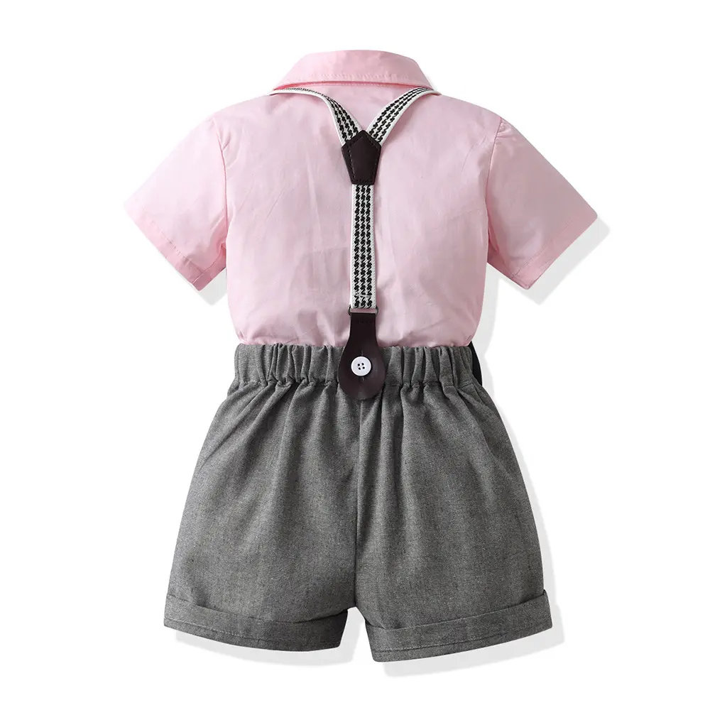 新品童装批发男童粉色短袖衬衫背带裤生日礼服一件代发儿童服装