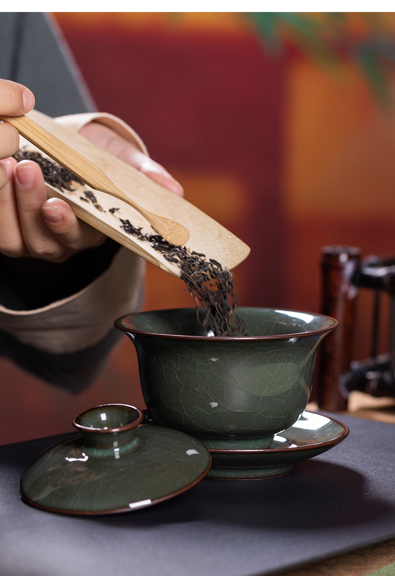 龙泉青瓷三才盖碗茶杯大号铁胎冰裂陶瓷泡茶手工功夫茶具单个家用