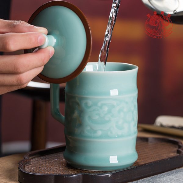 龙泉青瓷 泡茶杯子喝水大容量马克杯 陶瓷带盖办公杯茶叶罐礼盒装