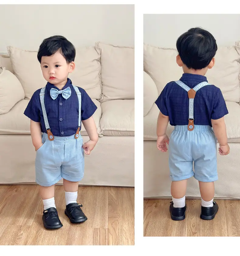 欧美绅士夏款儿童套装宝宝正装polo衬衫背带短裤宴会礼服男童夏装