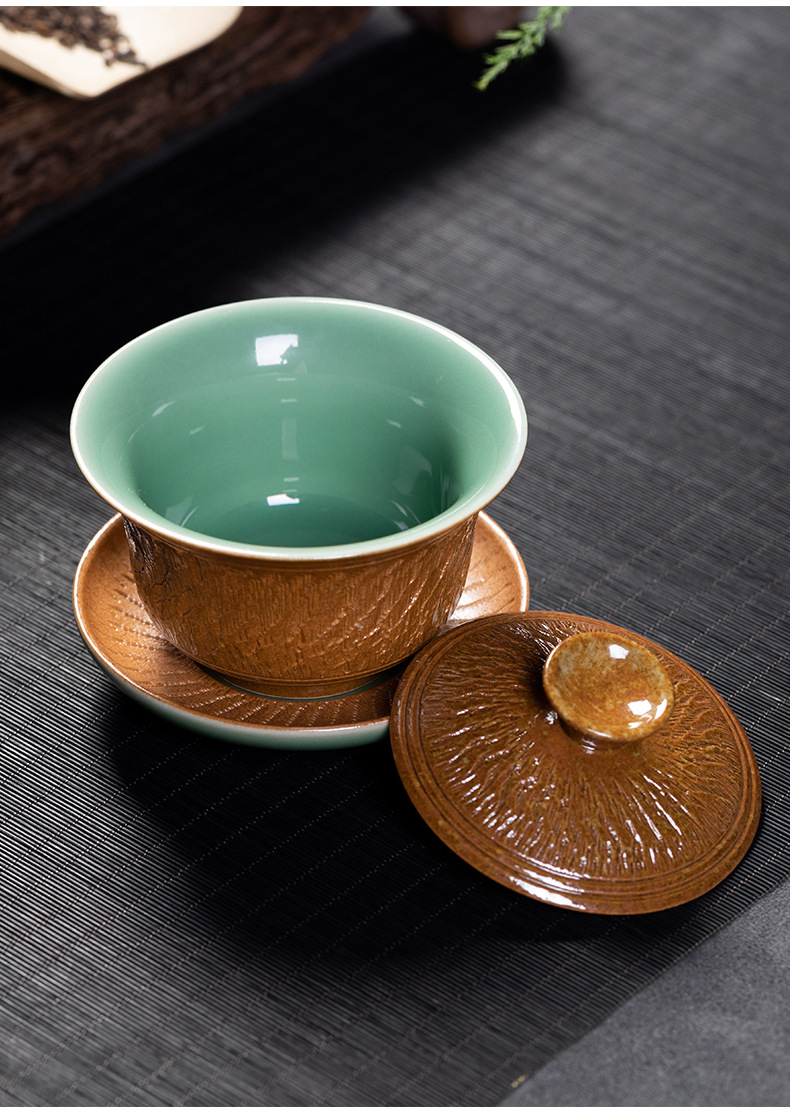 龙泉青瓷 功夫茶具复古手工跳刀三才盖碗 陶瓷家用会客手抓泡茶碗