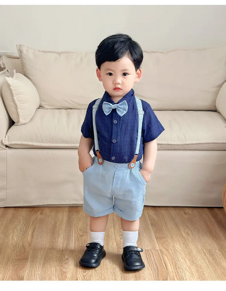 欧美绅士夏款儿童套装宝宝正装polo衬衫背带短裤宴会礼服男童夏装