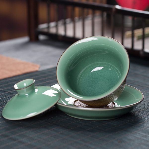 龙泉青瓷 跳刀盖碗功夫茶具茶碗 陶瓷纯手工家用办公会客三才盖碗