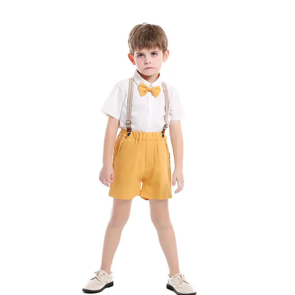 新品夏季韩版童装礼服棉质短袖衬衫背带裤宝宝衣服外贸男童套装