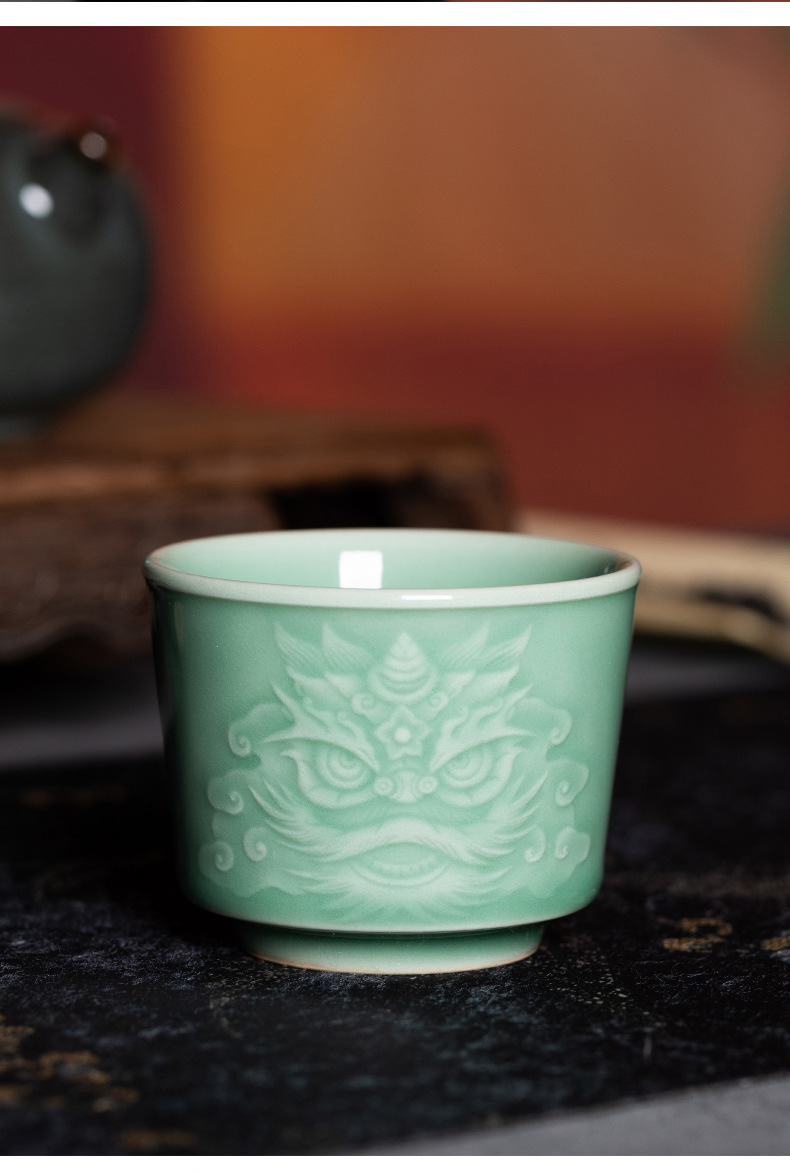 龙泉青瓷 创意主人杯单杯醒狮手工杯 陶瓷功夫茶杯单个杯品茗杯盏