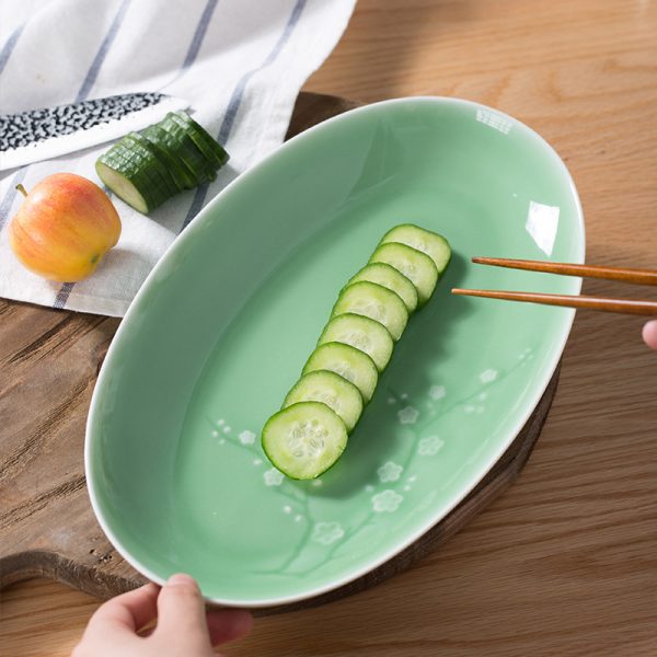 龙泉青瓷 椭圆形鱼盘家用蒸鱼盘碟子 创意中式陶瓷大菜盘酒店餐具