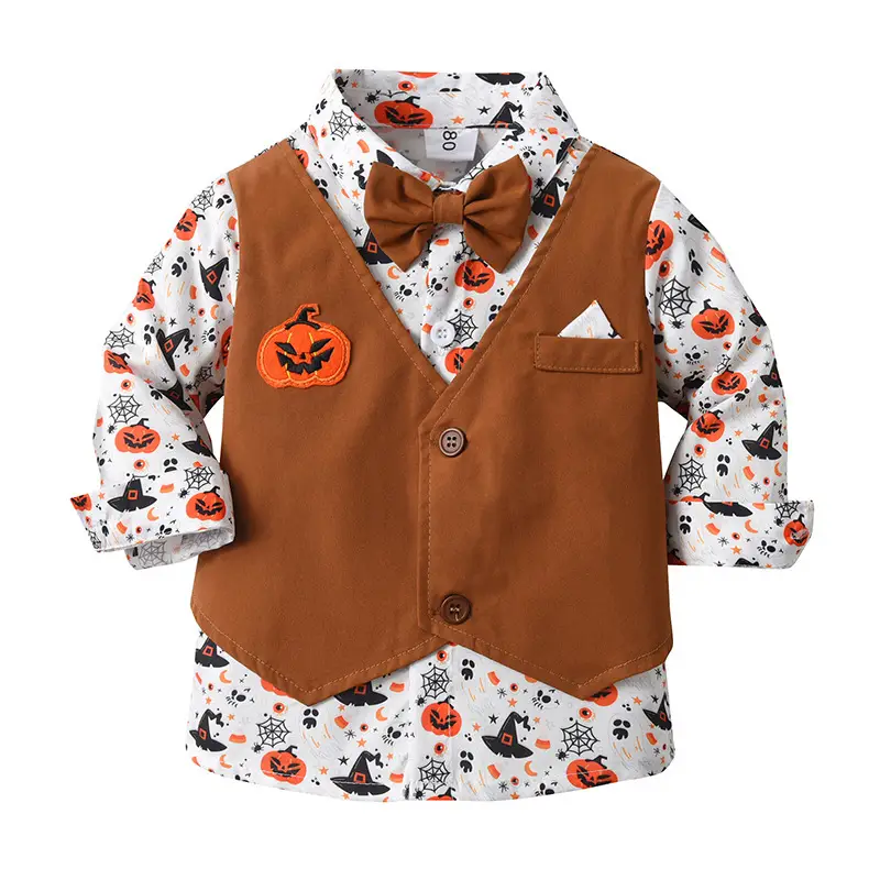 外贸童装批发万圣节南瓜表演服儿童衣服宝宝巫师帽三件套男童套装