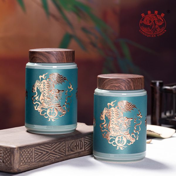 龙泉青瓷 创意防潮密封罐茶叶罐 陶瓷家用纳福双罐新婚伴手礼盒装