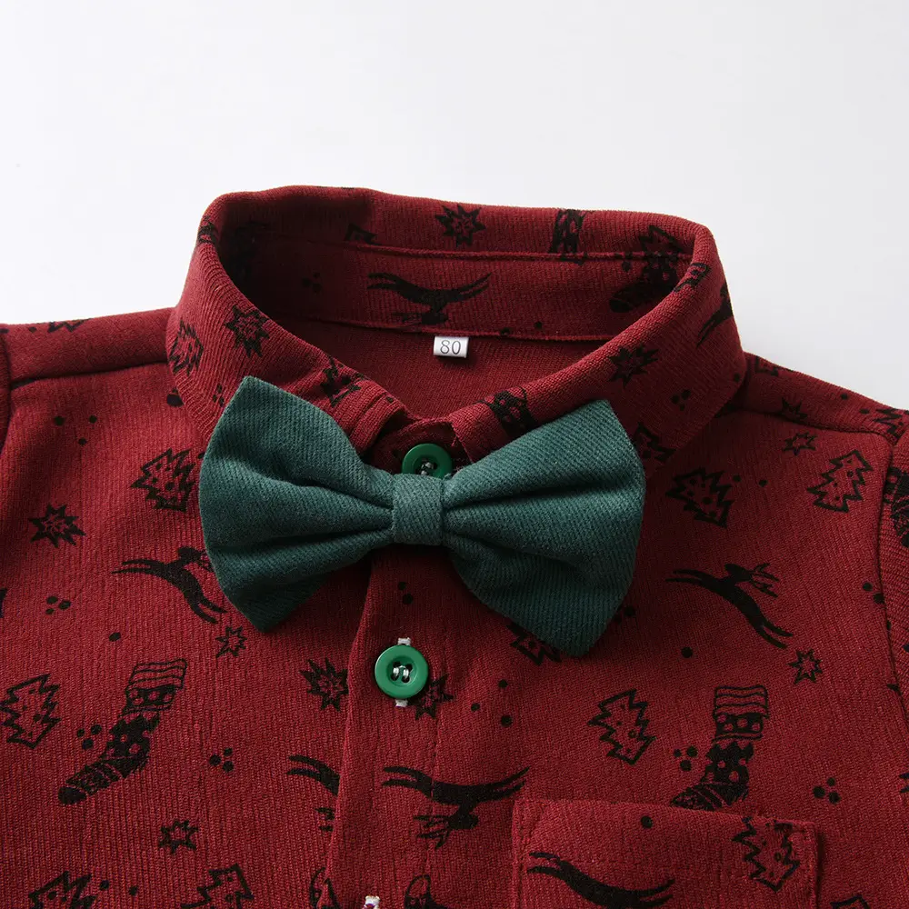 儿童秋装外贸童装圣诞印花长袖衬衫背带裤中大童套装男宝周岁礼服