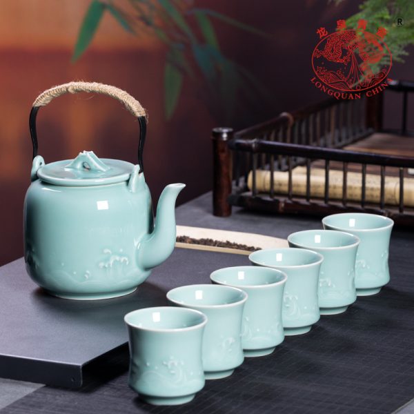 龙泉青瓷 家用大容量提梁壶功夫茶具套装 陶瓷茶具酒店商务礼盒装