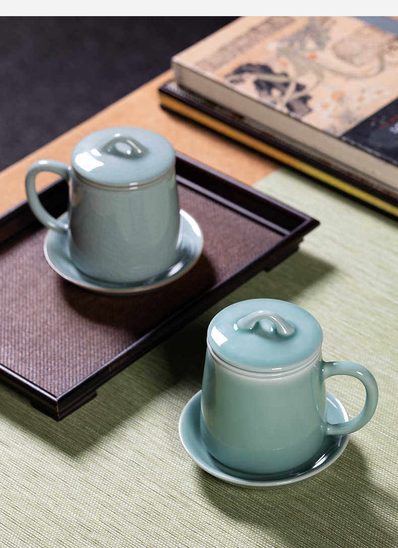 龙泉青瓷茶杯带过滤内胆办公杯家用杯碟组合大容量喝茶杯子泡茶杯
