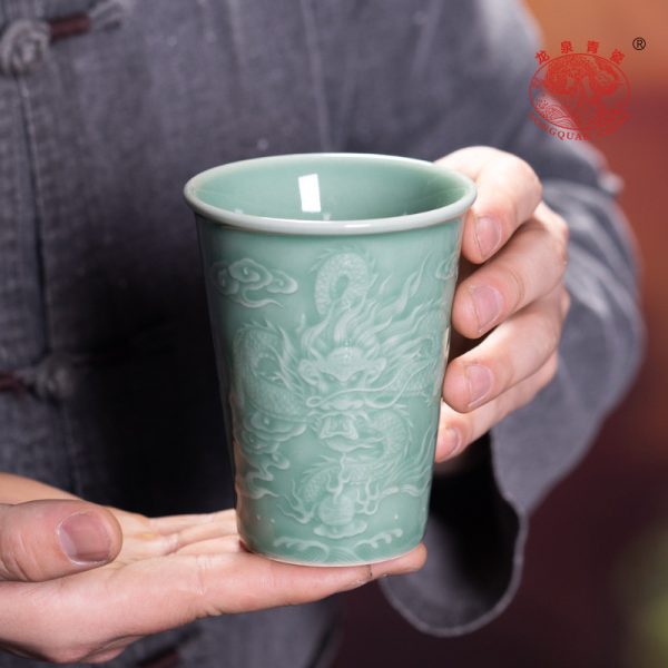 龙泉青瓷 创意大容量无柄单杯功夫茶杯 陶瓷家用龙凤情侣杯可乐杯