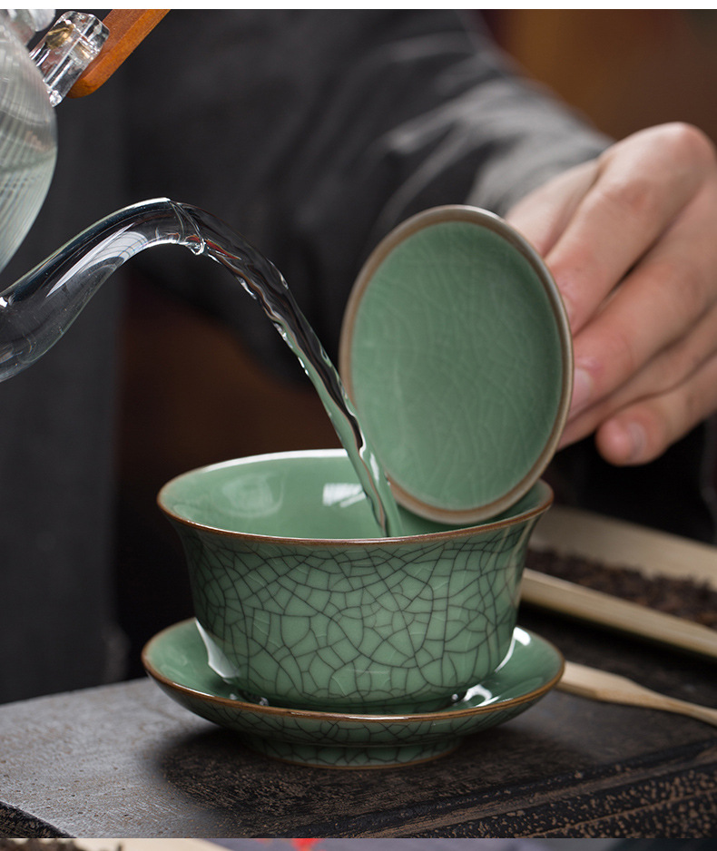 龙泉青瓷功夫茶具手工三才盖碗厂家直销陶瓷哥窑冰裂茶杯手抓茶碗