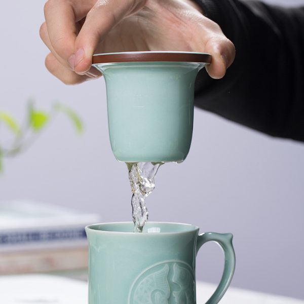 龙泉青瓷 办公杯茶杯过滤带盖带柄泡茶水杯 商务会议马克杯礼盒装