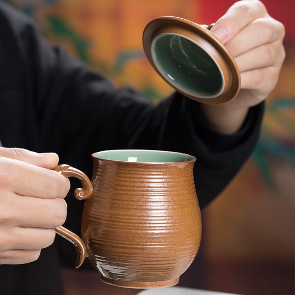 龙泉青瓷 青灰釉办公杯茶杯陶瓷手工杯子 带盖龙柄杯高档会议水杯