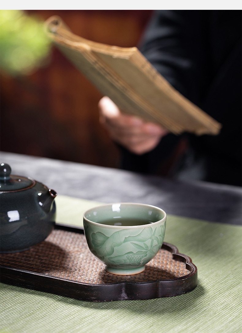 龙泉青瓷 李茂林荷塘丽影高档手工主人杯单个杯 陶瓷功夫茶杯茶碗