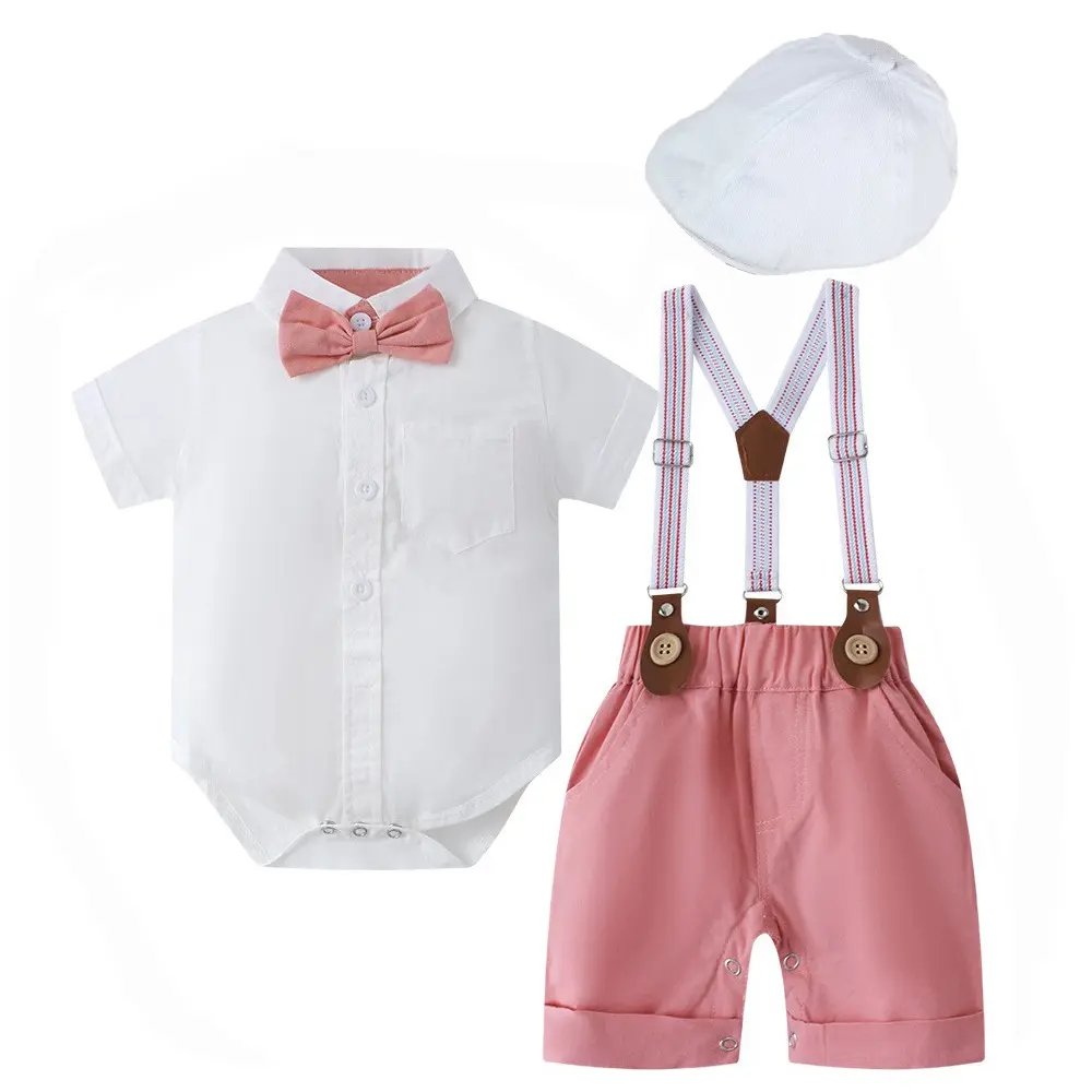 跨境欧美男宝宝绅士哈衣套装男童短袖短裤帽子多件套夏季新款童装