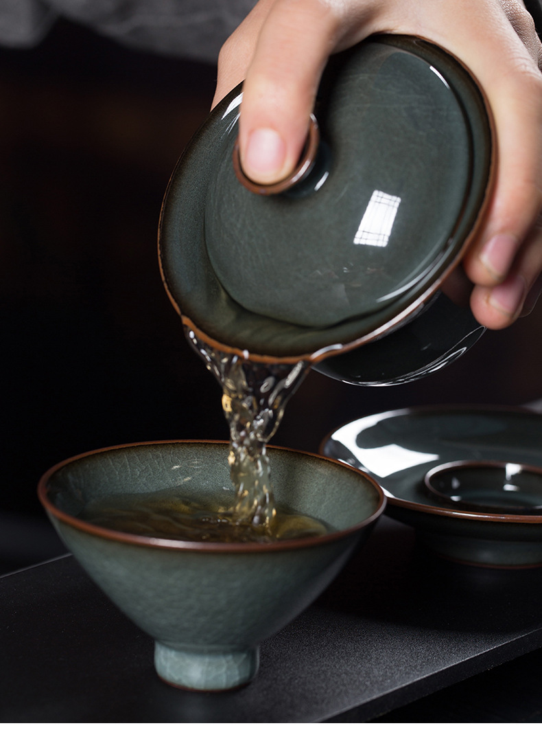龙泉青瓷 功夫茶具套装陶瓷铁胎茶壶盖碗 茶具套装冰裂茶洗品茗杯