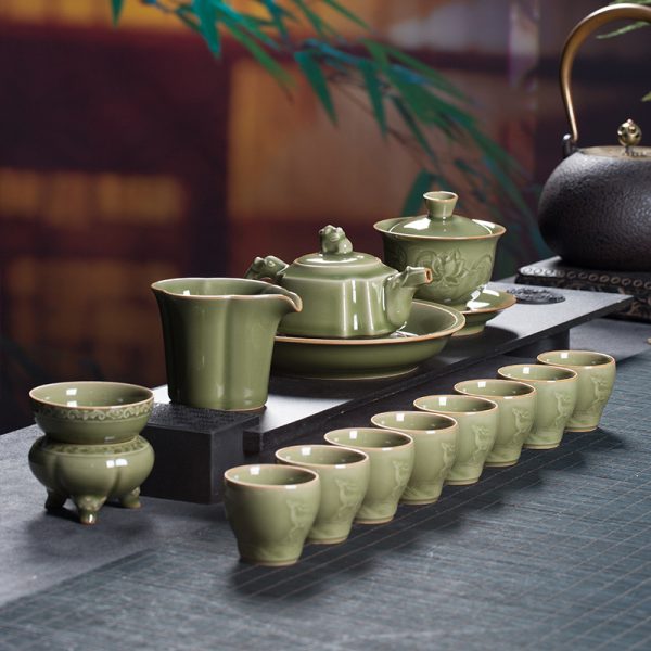 龙泉青瓷 越窑仿古大套功夫茶具套装 陶瓷盖碗泡茶壶家用商务送礼