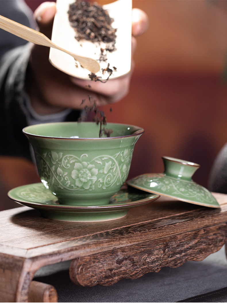龙泉青瓷纯手工三才盖碗  陶瓷缠枝莲花中式茶道功夫茶具茶碗茶杯