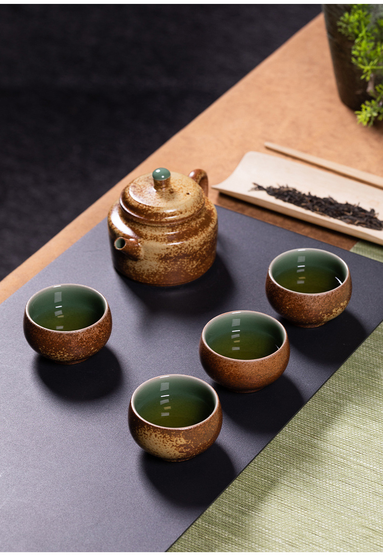 龙泉青瓷 柴烧窑变一壶四杯功夫茶具 陶瓷高档泡茶壶茶杯旅行套装