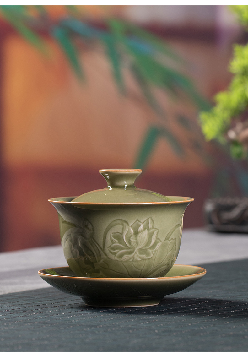 龙泉青瓷 中式越窑仿古功夫茶具套装 陶瓷手工家用泡茶壶盖碗茶杯
