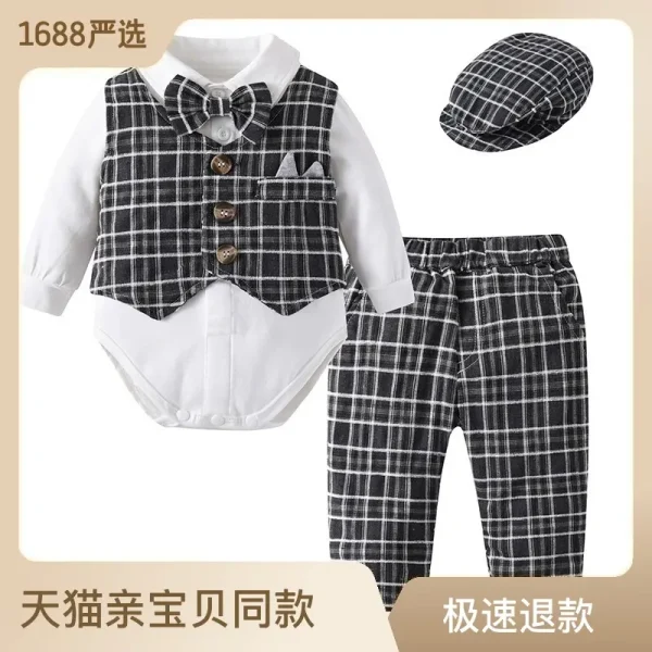 加工定制 婴儿礼服套装秋季新款男宝宝长袖包屁衣欧美风周岁服装