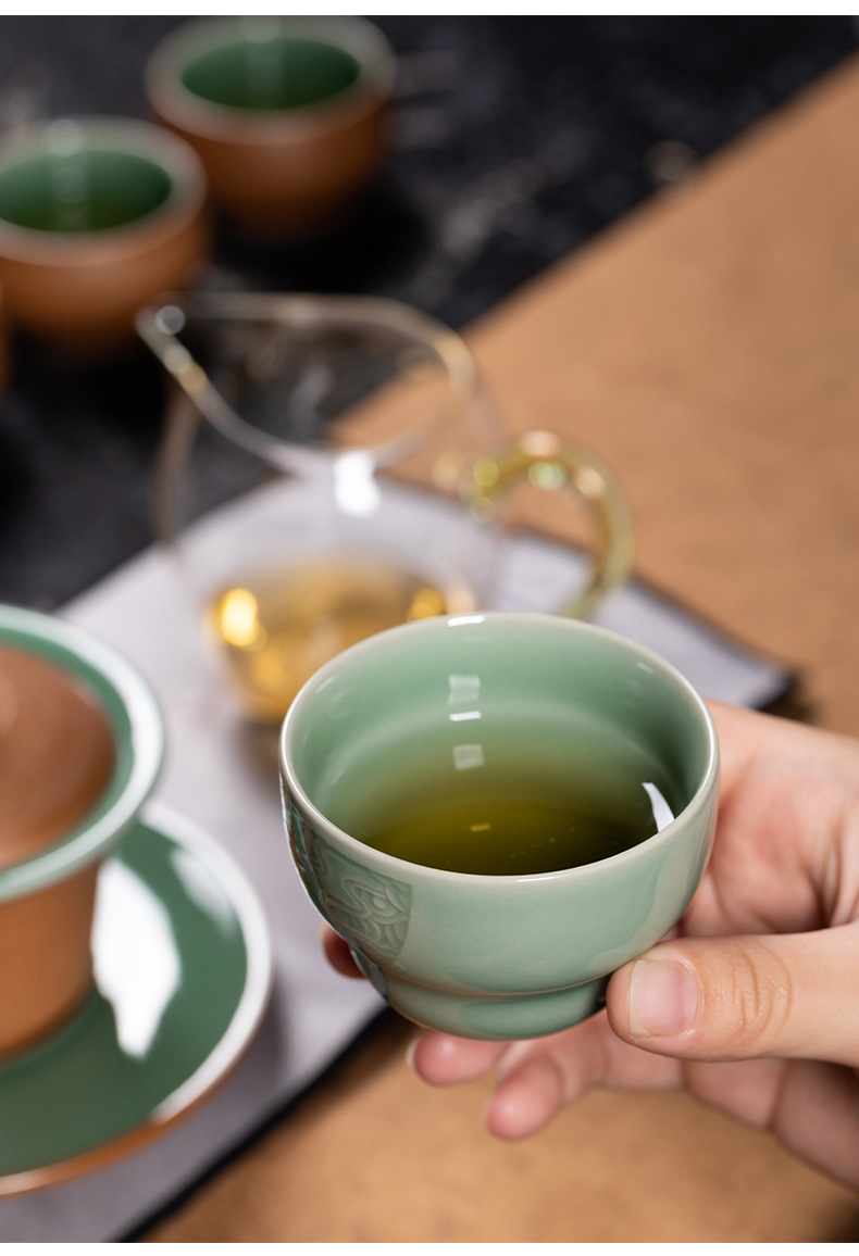 龙泉青瓷功夫茶具手工跳刀盖碗茶壶茶杯套装陶瓷轻奢商务伴手礼