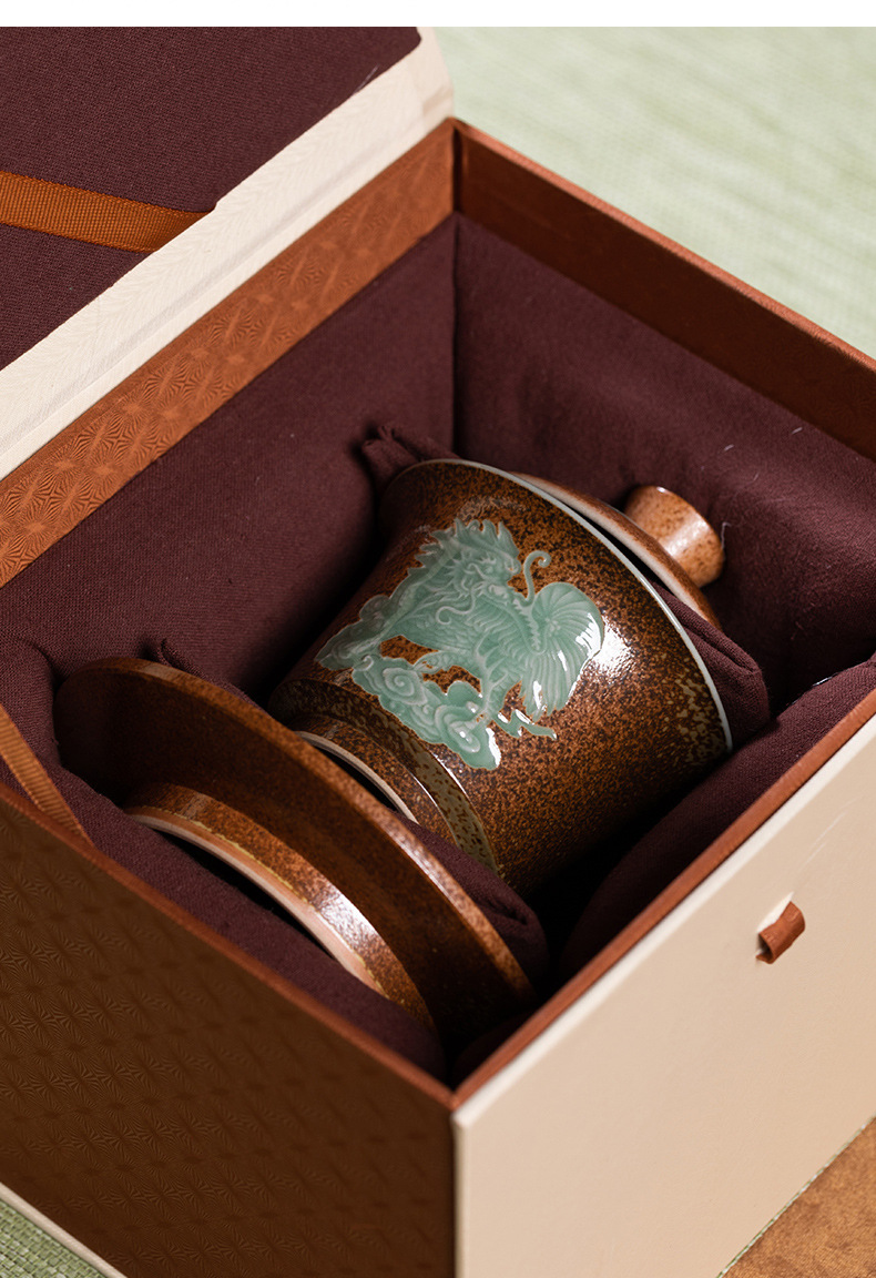 龙泉青瓷 三才盖碗家用功夫茶具敬茶泡茶碗 陶瓷仿古柴烧手抓茶碗