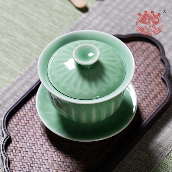 龙泉青瓷 创意仿古手工三才盖碗 陶瓷中式功夫茶具莲花敬茶泡茶碗